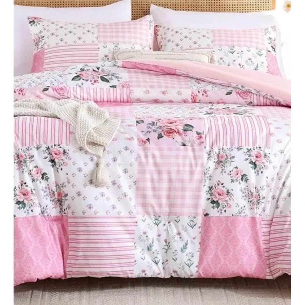 Floral 4 Pc Girls Toddler Bed Comforter Set Pink Flower Reversible Toddler NEW